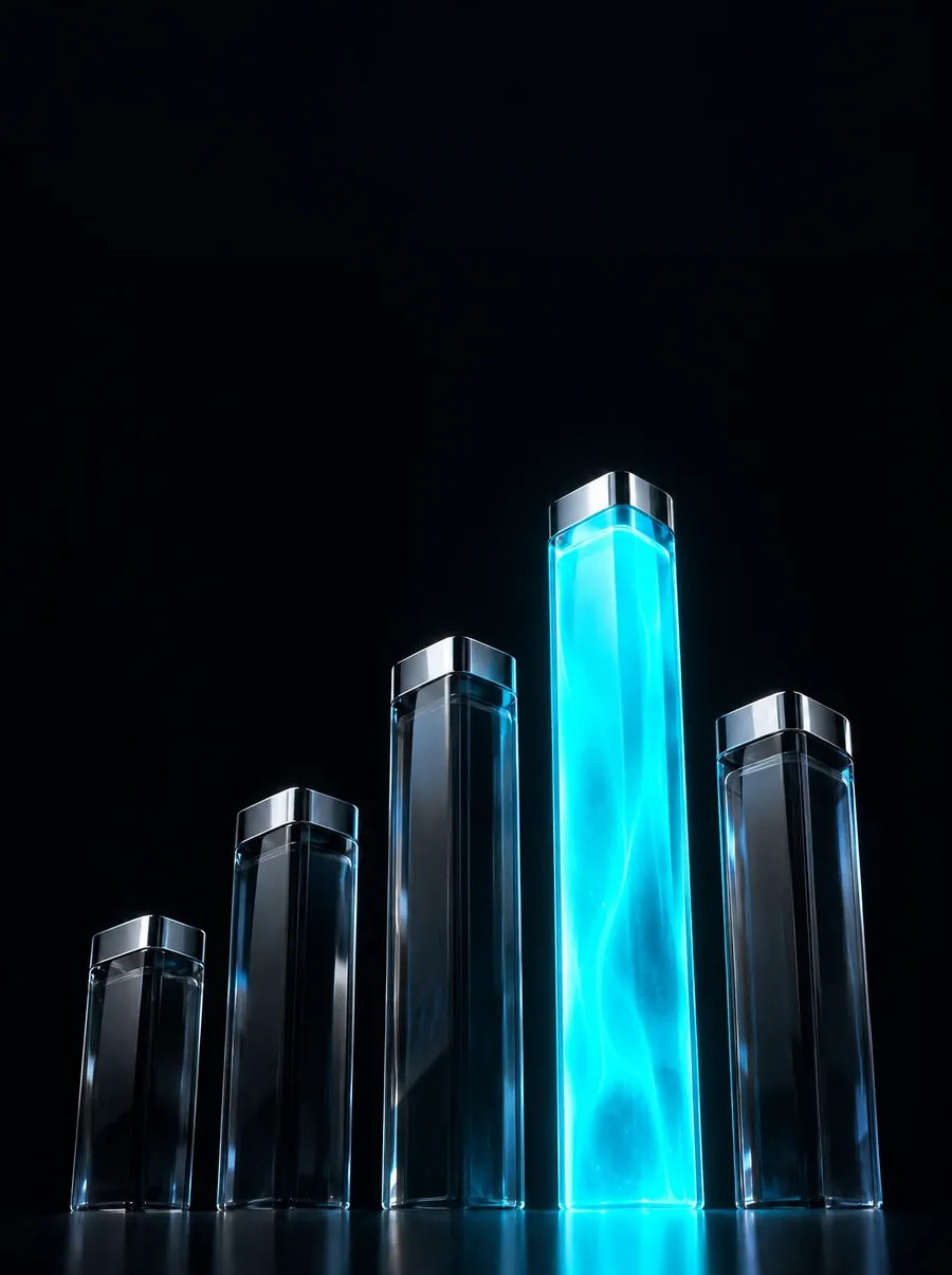 Glass columns rising, the tallest one lit in cyan